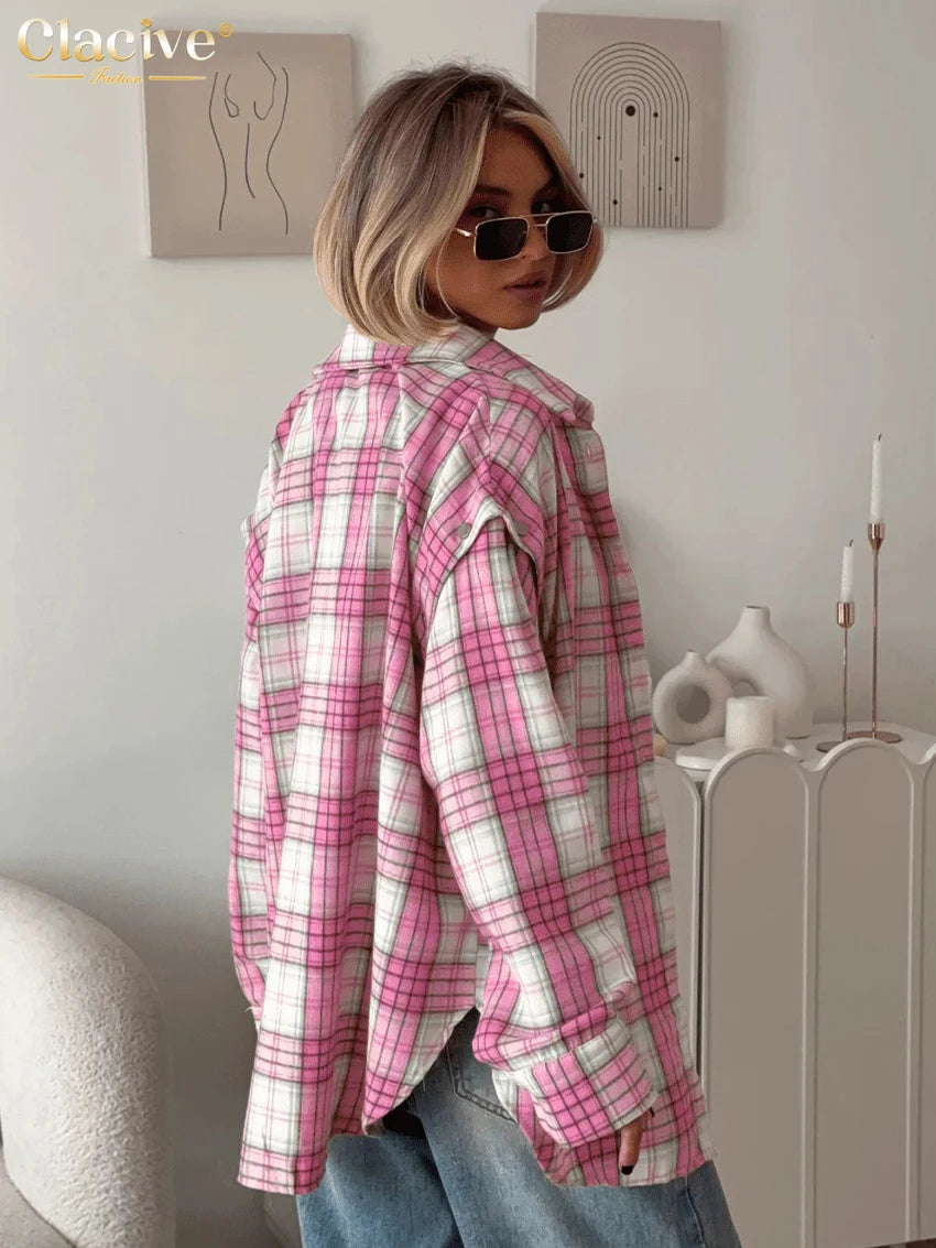 Clacive Fashion Loose Plaid Office Women's Shirt Vintage Lapel Long Sleeve Shirts Elegant Classic Blouse Top Female Clothing