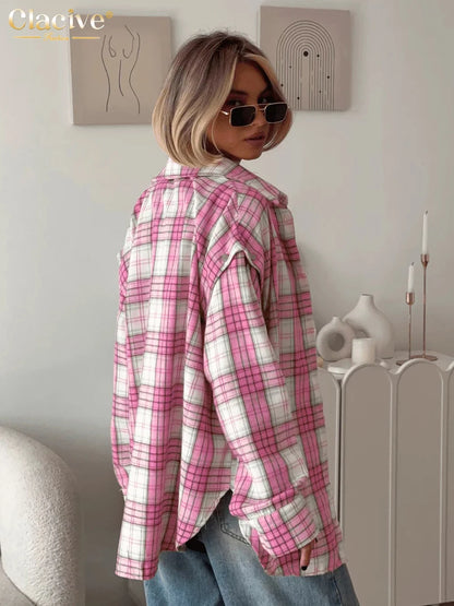 Clacive Fashion Loose Plaid Office Women's Shirt Vintage Lapel Long Sleeve Shirts Elegant Classic Blouse Top Female Clothing