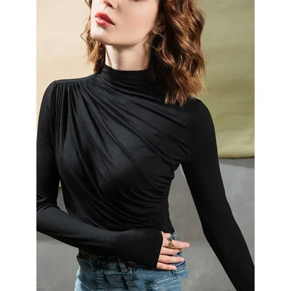 Blouse Women Pleating Long Sleeve Shirts Women's Fall Slim Fit Turtleneck Top Blusas Ropa De Mujer