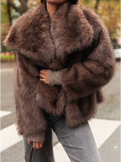 Brown Big Lapel Faux Fur Fury Women's Coats Fluffy Long Sleeved Thick Warm Fury Jackets 2024 Winter Lady Casual Street Outwear
