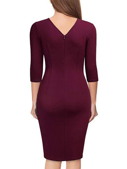 Office Lady Spring Dress V Neck Short Sleeve Dresses Women Pleat Bodycon Robe Vestido