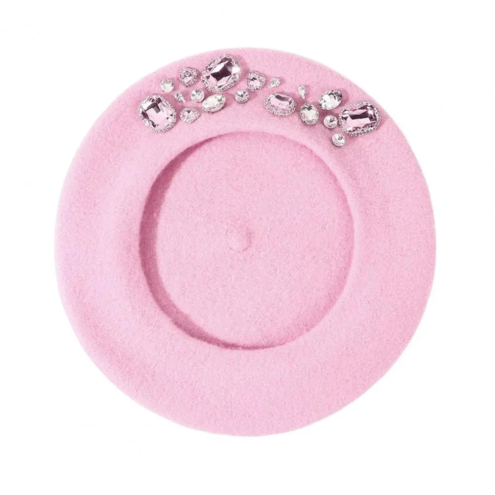 Dropshipping!! French Beret Thick Rhinestone Decor Brimless Thermal Decor Wool Artist French Style Painter Hat Women Headwear