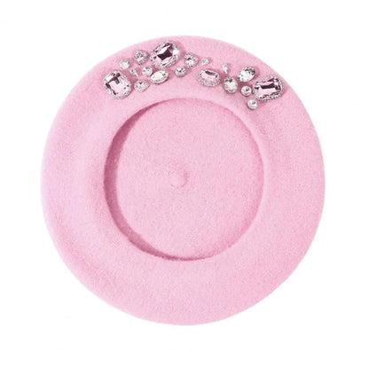 Dropshipping!! French Beret Thick Rhinestone Decor Brimless Thermal Decor Wool Artist French Style Painter Hat Women Headwear
