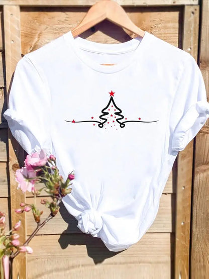 Merry Christmas New Year Holiday Graphic T Tee Fashion Cat Tree Lovely 90s Cute 2025 Print T Top Women Shirt Clothing T-shirts