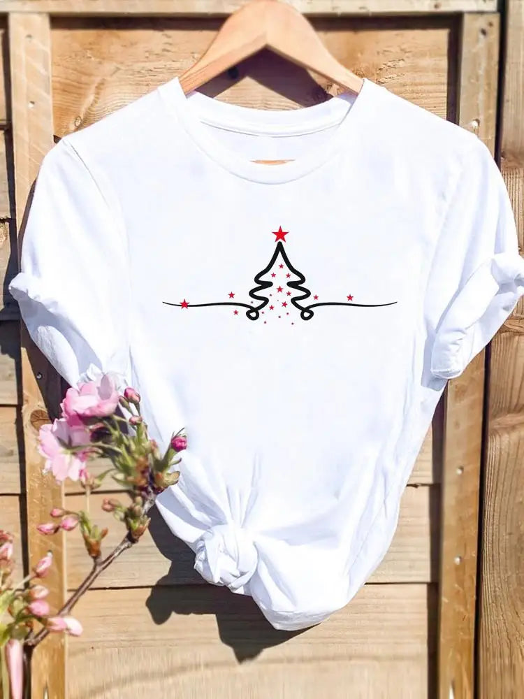 Merry Christmas New Year Holiday Graphic T Tee Fashion Cat Tree Lovely 90s Cute 2025 Print T Top Women Shirt Clothing T-shirts