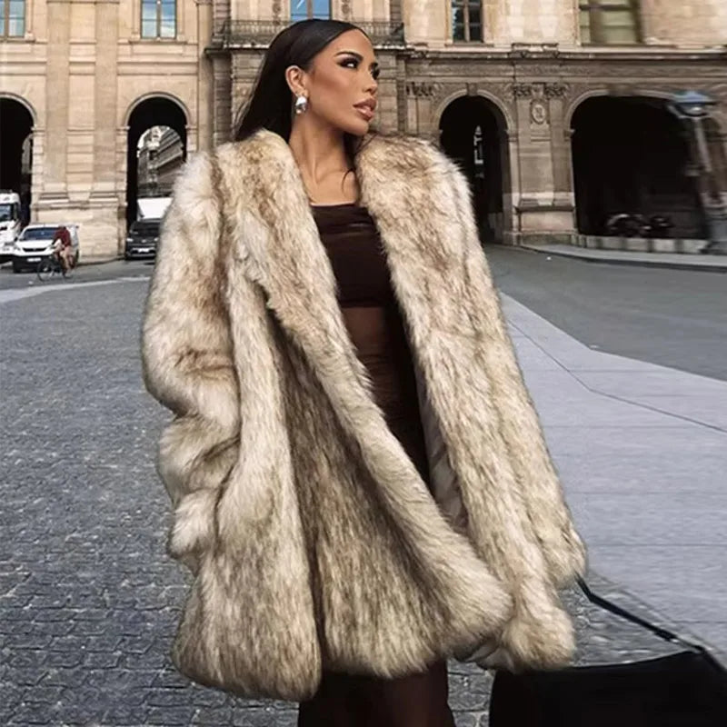 Luxury Fluffy Faux Fur Long Coat Women Lapel Long Sleeve Loose Thicken Warm Overcoat 2024 Autumn Winter Lady Fashion Streetwear