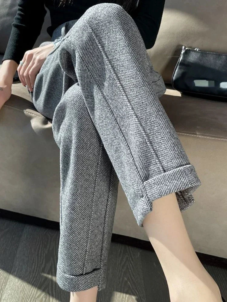 High-waisted Tweed Straight Pants 2024 Autumn/Winter New Women' S Pants Loose Casual Herringbone Warm Thickened Cropped Pants