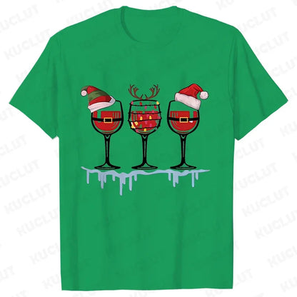 Christmas Wine T Shirts for Women Clothing Funny Cartoon T-shirts Kawaii Fashion Tshirt Korean Female Tops Christmas Wine Tees