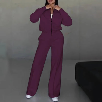 Women's Autumn Solid Color Sportwear Tracksuit Casual Zipper Sweatshirt Coat and Straight Pant Sets Winter Long Sleeve 2pcs Suit