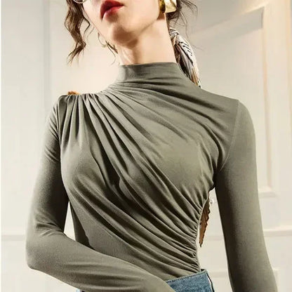 Blouse Women Pleating Long Sleeve Shirts Women's Fall Slim Fit Turtleneck Top Blusas Ropa De Mujer
