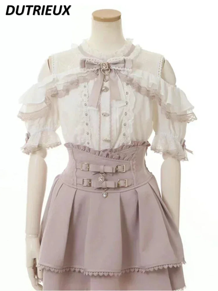 Sweet Cute Girls Short Sleeve Tops Japanese Style Mine Mass-Produced 2025 Summer Kawaii Slimming Lace Off-Shoulder Shirt