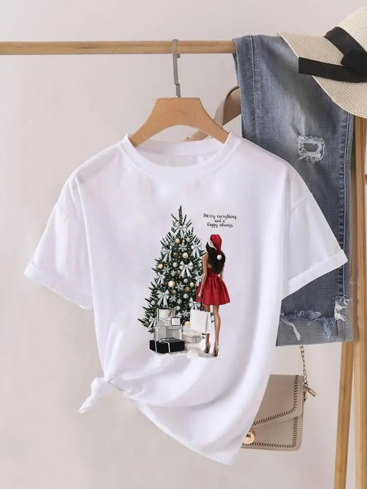 Lady New Year Short Sleeve Print Fashion Women Shirt Tee Top Paw Dog Cat Trend Cute Christmas Clothing Clothes Graphic T-shirt
