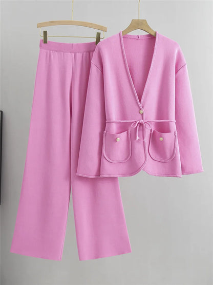 Spring Fall Knit 2 Pieces Sets Women Knitwear V-neck Braid Belt Cardigan Tops Conjuntos Korean High Waist Sweatpants Outfit New
