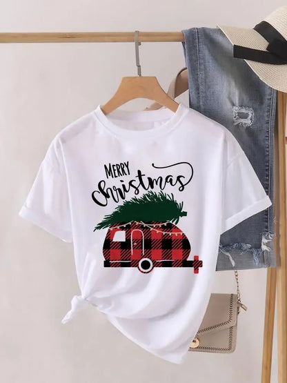 Lady New Year Short Sleeve Print Fashion Women Shirt Tee Top Paw Dog Cat Trend Cute Christmas Clothing Clothes Graphic T-shirt