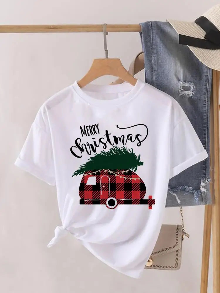 Lady New Year Short Sleeve Print Fashion Women Shirt Tee Top Paw Dog Cat Trend Cute Christmas Clothing Clothes Graphic T-shirt