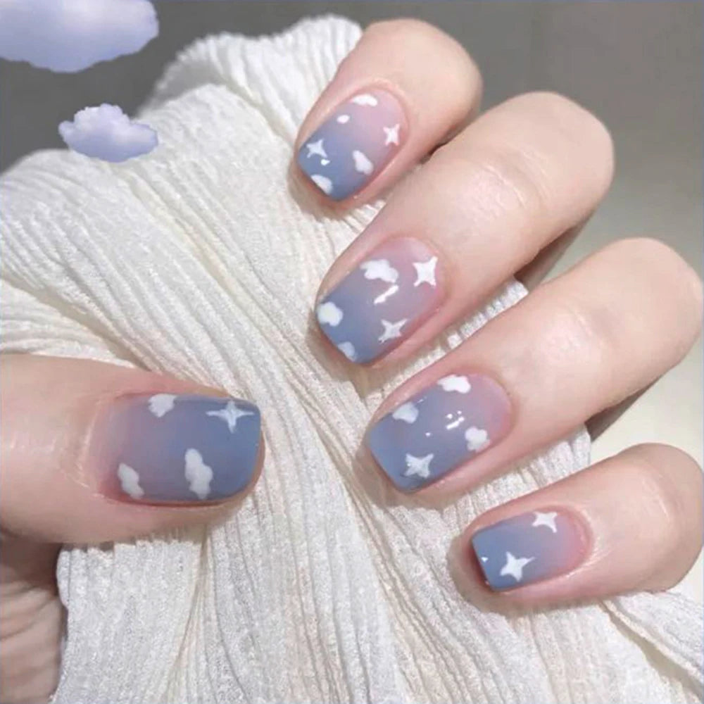 24Pcs/Box Short Square Head Wearing False Nails Art Clouds Stars Pattern Fake Nails Full Cover Press on Nail Tips Manicure Tools