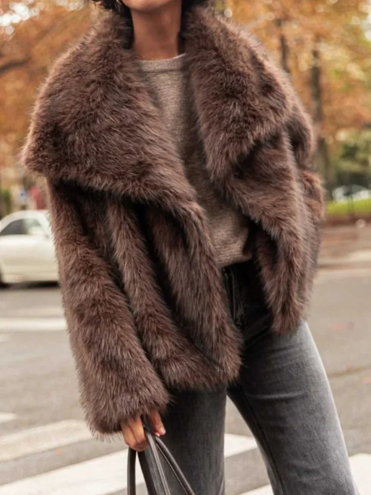 Brown Big Lapel Faux Fur Fury Women's Coats Fluffy Long Sleeved Thick Warm Fury Jackets 2024 Winter Lady Casual Street Outwear