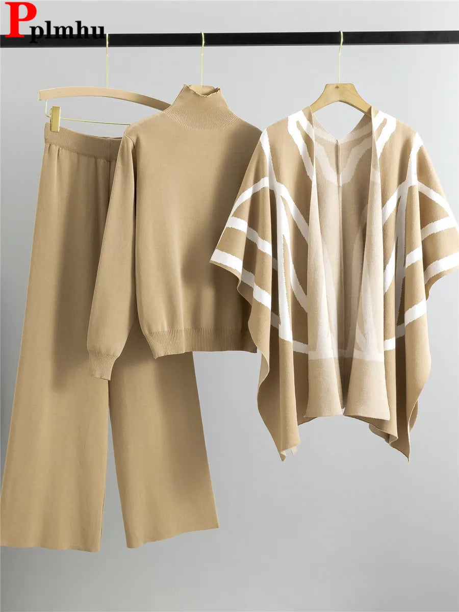 Elegant Chic Knitted 3 Piece Sets Women Solid Turtleneck Sweater Knitwears Shawl Suits Casual High Waist Sweatpants Setleri New