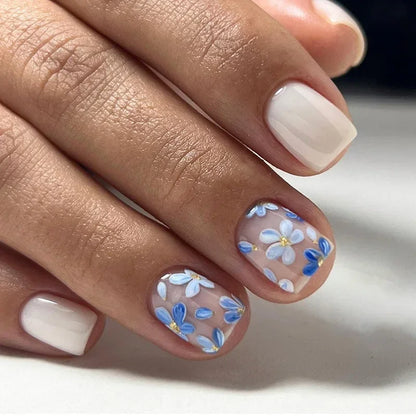 24Pcs Short Retro Flower Design Nails Art Manicure Pink False Nails Wearable Square Fake Nails Press on Full Cover Nail Tips