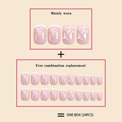 24Pcs/Set Short Size French Simplicity Glitter Pink Leaf Girls Women Full Coverage Wearable Fake Nails