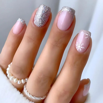 24Pcs Short Retro Flower Design Nails Art Manicure Pink False Nails Wearable Square Fake Nails Press on Full Cover Nail Tips