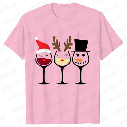 Christmas Wine T Shirts for Women Clothing Funny Cartoon T-shirts Kawaii Fashion Tshirt Korean Female Tops Christmas Wine Tees