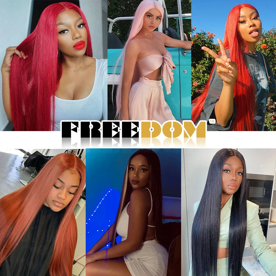 FREEDOM Straight Synthetic Lace Front Wig For Women 38 Inch Long Ombre Brown Red Blonde Hightlight Lace Frontal Wigs Cosplay Wig