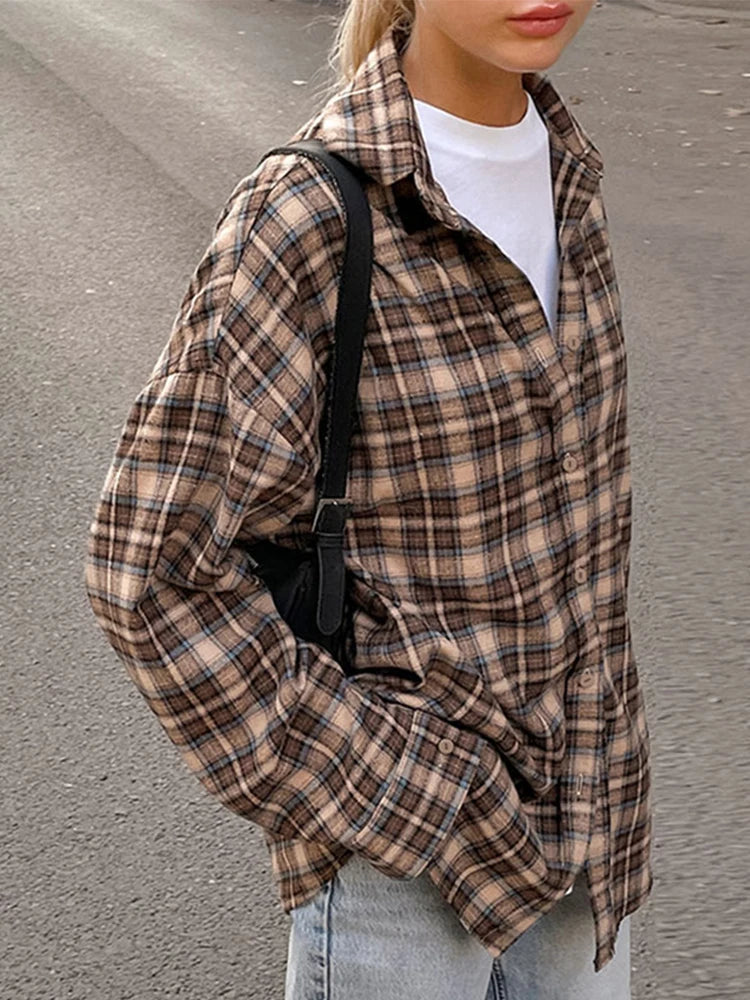 Plaid Checkered Single Breasted Shirts Women Casual Loose Long Sleeve Blouse Female 2025 Spring Autumn Vintage High Street Tops