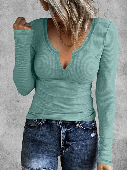 Ribbed Solid Notch Neck T-Shirt, Casual Long Sleeve Top For Spring & Fall, Women's Clothing