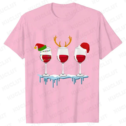 Christmas Wine T Shirts for Women Clothing Funny Cartoon T-shirts Kawaii Fashion Tshirt Korean Female Tops Christmas Wine Tees