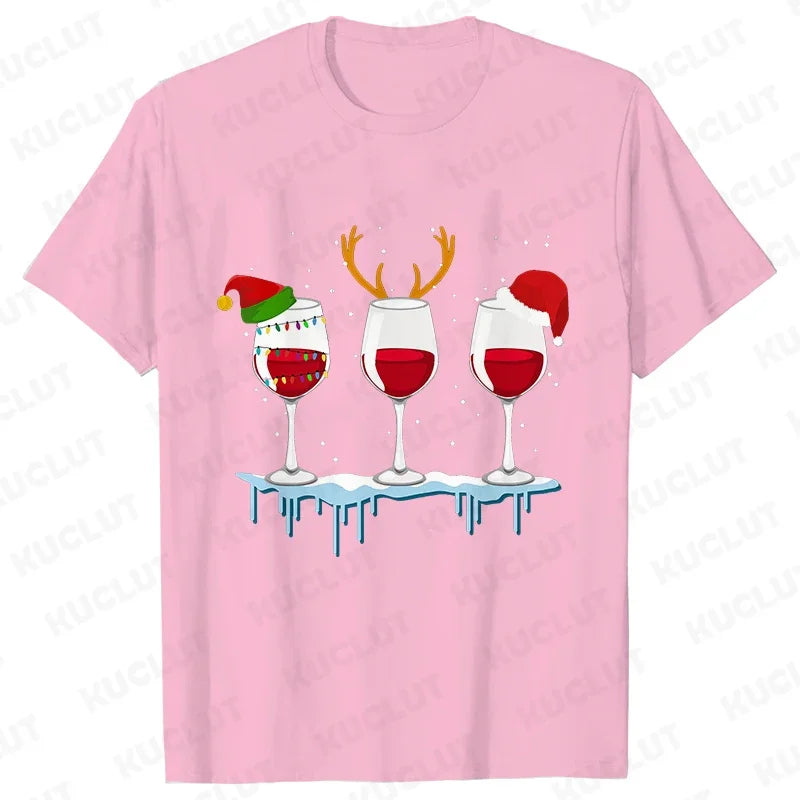 Christmas Wine T Shirts for Women Clothing Funny Cartoon T-shirts Kawaii Fashion Tshirt Korean Female Tops Christmas Wine Tees
