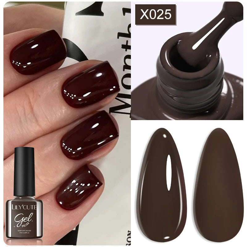 LILYCUTE 7ml Autumn Red Brown Gel Nail Polish 125 Colors All For Manicure Semi Permanent Soak Off Base Top Coat Nail Art Varnish