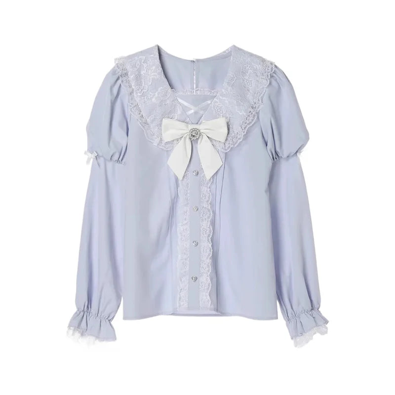 Japanese Gothic Lolita Shirt Women Harajuku Jirai Kei Bow Long Lantern Sleeve Blouses Y2k Aesthetic Elegant Sweet Clothes Tops