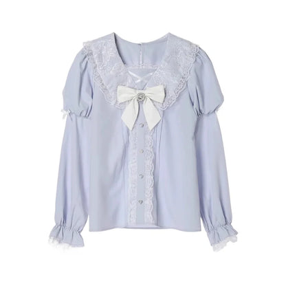 Japanese Gothic Lolita Shirt Women Harajuku Jirai Kei Bow Long Lantern Sleeve Blouses Y2k Aesthetic Elegant Sweet Clothes Tops