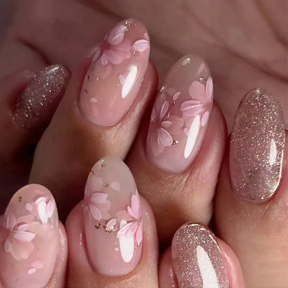 24Pcs Autumn Winter Matte Almond False Nails with Glue Rose Leaf Printing Nail Art Simple Full Cover Press on Acrylic Nails Tips