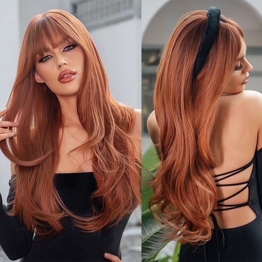 GEMMA Red Brown Copper Ginger Long Straight Synthetic Wigs for Women Natural Wave Wigs with Bangs Heat Resistant Cosplay Hair