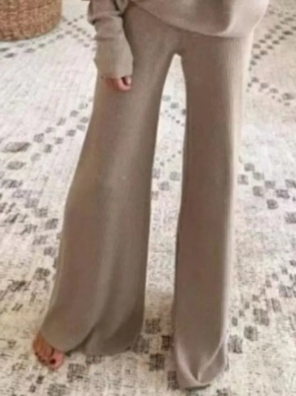 Fashion Long-sleeved Bateau Collar Top + Wide-leg Pants 2-piece Set Women Elegant Autumn Solid Color Knitted Loose Suit Female