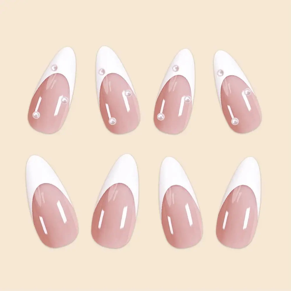 Girls Women 24Pcs/Set Middle Size Water Droplet Shaped French white edged pearl decorative Full Coverage Fake Nails