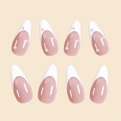 Girls Women 24Pcs/Set Middle Size Water Droplet Shaped French white edged pearl decorative Full Coverage Fake Nails