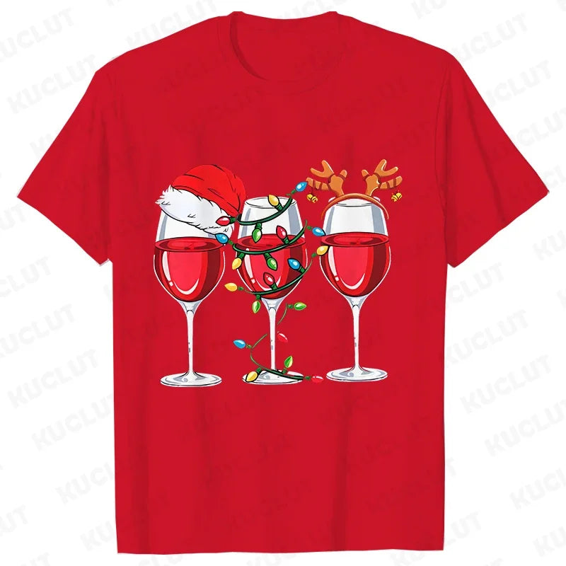Christmas Wine T Shirts for Women Clothing Funny Cartoon T-shirts Kawaii Fashion Tshirt Korean Female Tops Christmas Wine Tees