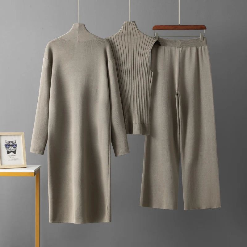 HLBCBG Autumn 3 Piece Women Cardigan Tracksuits Fashion Knitted Pants Sets Ladies Sweater Suit Vintage Fashion Ladies 3 Pieces