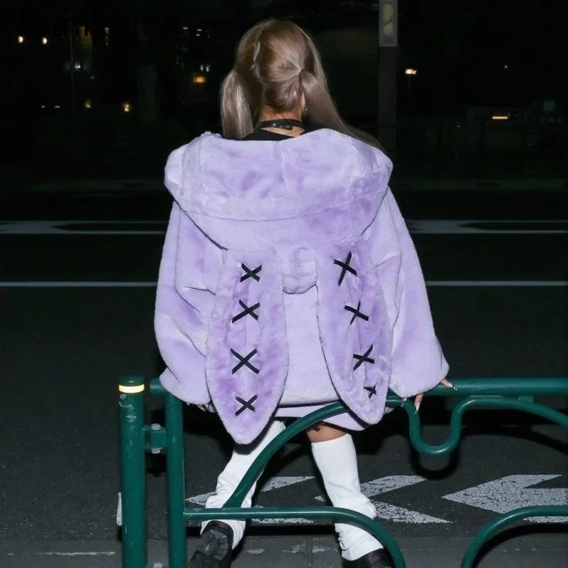 2025 Winter Clothing Women Jackets Harajuku Rabbit Ears Punk Black Coats Thicked Furry Zipper Oversized Y2k Tops Ropa Mujer