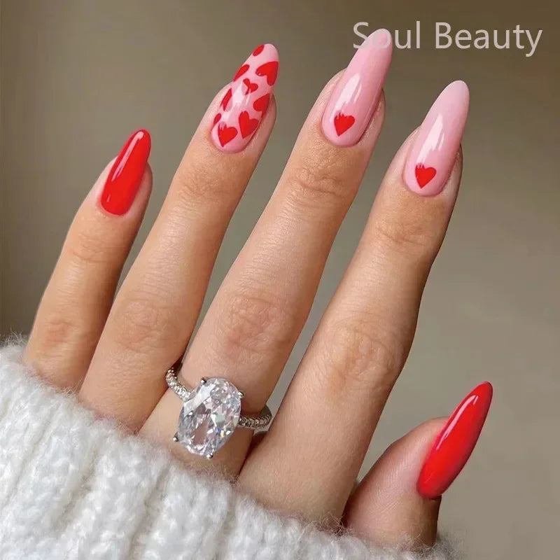 24Pcs Strawberry Press on Nails 3D Heart Pearl Decorated Fake Nail Art Removable Waterproof Artificial Wearable False Nails Tips