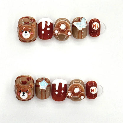 10Pcs Brown Handmade Press on Nails Short Square Chocolate Bear Design Nail Tips Cute Acrylic False Nail for Women/Girls Autumn
