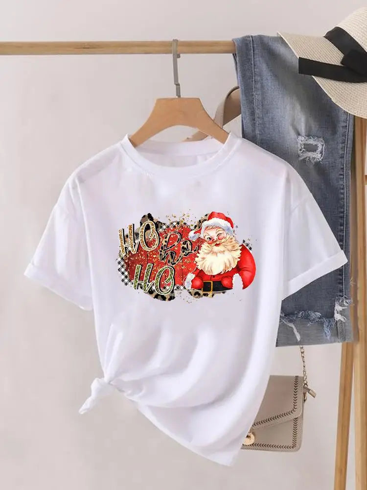 Lady New Year Short Sleeve Print Fashion Women Shirt Tee Top Paw Dog Cat Trend Cute Christmas Clothing Clothes Graphic T-shirt