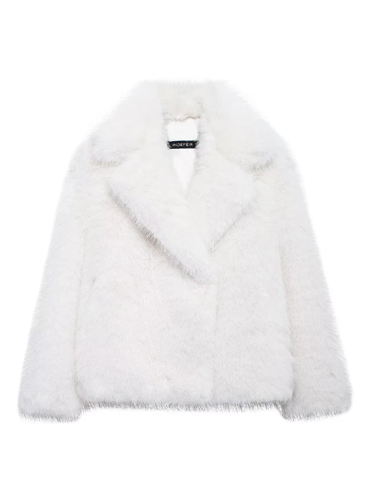 TRAFZA Vintage Faux Fur Women Jackets Solid Turn-down Collar Long Sleeve Warm Coat Chic White Fashion 2024 Winter Autumn Outwear
