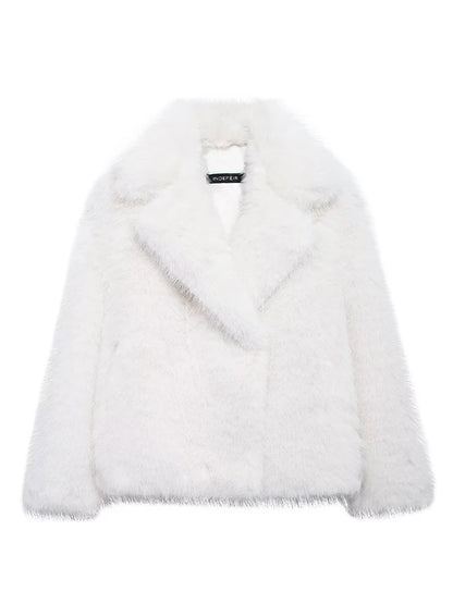 TRAFZA Vintage Faux Fur Women Jackets Solid Turn-down Collar Long Sleeve Warm Coat Chic White Fashion 2024 Winter Autumn Outwear