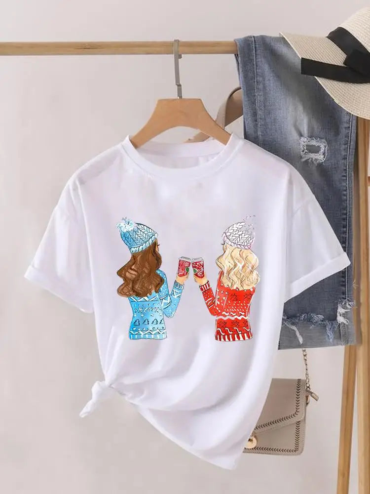 Lady New Year Short Sleeve Print Fashion Women Shirt Tee Top Paw Dog Cat Trend Cute Christmas Clothing Clothes Graphic T-shirt