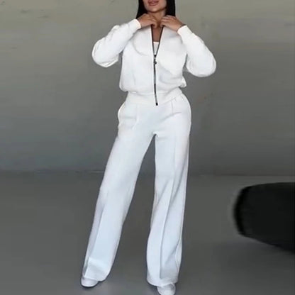 Women's Autumn Solid Color Sportwear Tracksuit Casual Zipper Sweatshirt Coat and Straight Pant Sets Winter Long Sleeve 2pcs Suit