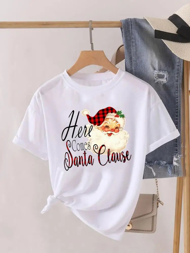 Lady New Year Short Sleeve Print Fashion Women Shirt Tee Top Paw Dog Cat Trend Cute Christmas Clothing Clothes Graphic T-shirt
